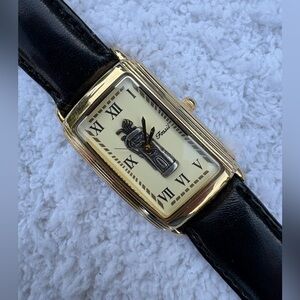 Vintage Fossil Men’s Gold Rectangular Golfer’s Watch and Black Leather Strap
